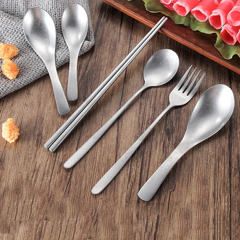 Retro Brushed Tableware Set Silver Cutlery Sets Wedding Forks Knives Spoons Dinnerware Travel Cutlery Stainless Steel Chopsticks
