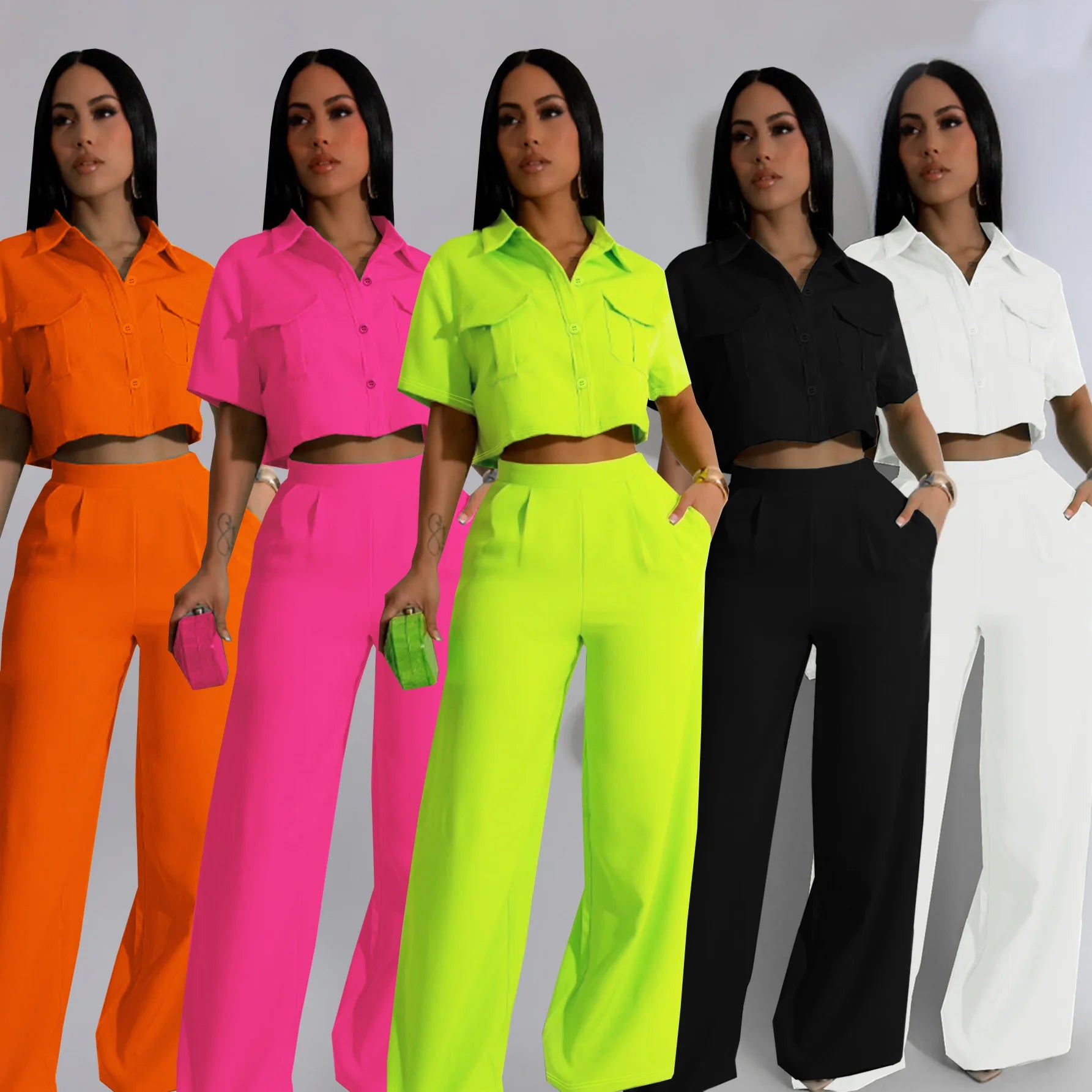 2025 Custom logo Summer Solid Color Crop Top 2 Piece Sets for Women Clothes Set Short Sleeve Shirt and Wide Leg Pants Set