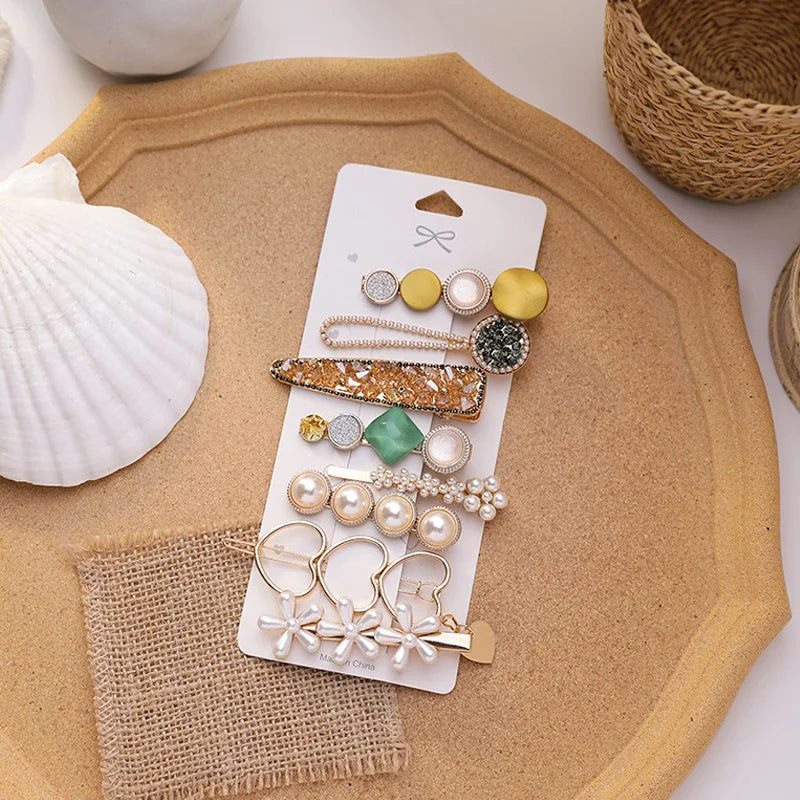 2021 Pearl Crystal Acrylic Hair Clips Set Retro Geometric Barrettes Hairpin Girl Hair Accessories for Women Girl