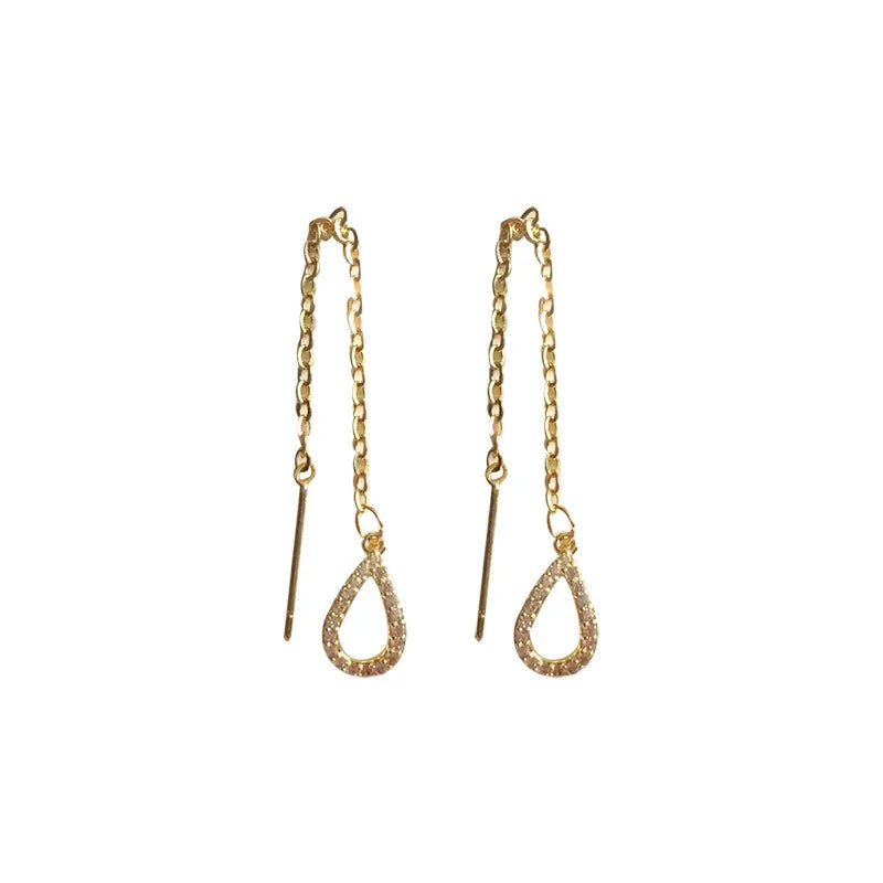 Women's Trendy Rose Gold Color Zircon Crystal Drop Ear Earrings Long Hanging Design Piercing Threader Ear Accessories Jewelry
