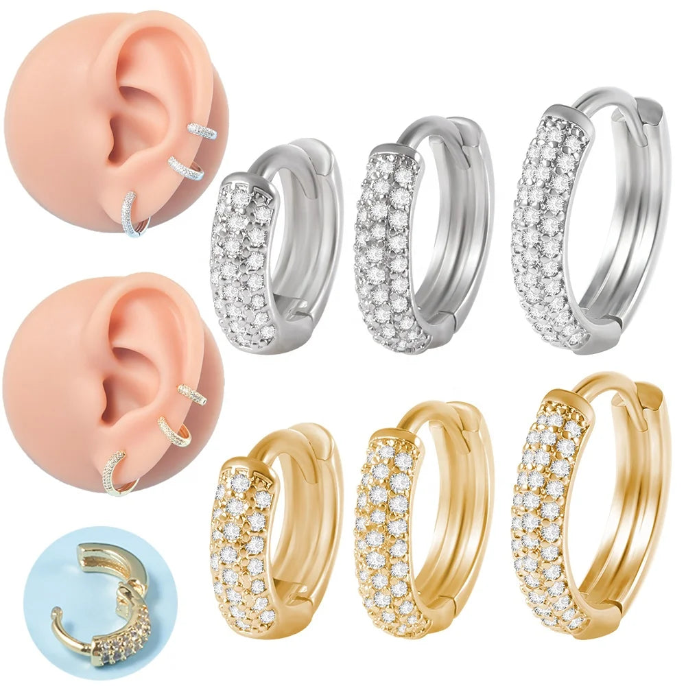 Women's Trendy Micro Insert Zircon Hoop Earrings Ear Buckle 0.8mm Thickness Ear Lobe Rings Gold Plated Fashionable Brass Jewelry