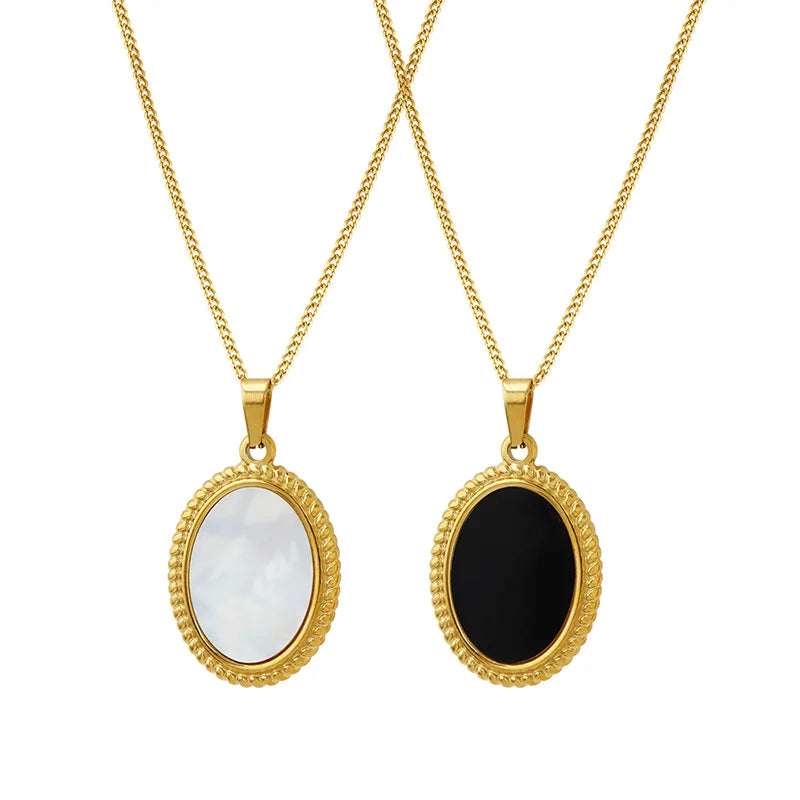 Simple 18K Gold Plated White Black Sea Shell Stainless Steel Oval Shell Pendant Necklace for Valentine's Day Gift