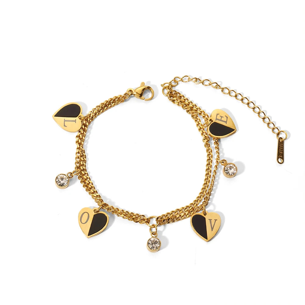 Customized Creative Stainless Steel 18K Gold Plated Black Enamel LOVE Heart Charms CZ Zirconia Women Bracelets