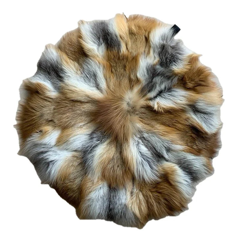 MWFur Round Silver Fox Fur Cushion for Car fox Fur Seat Cushion Winter Soft Sofa Chair Cover