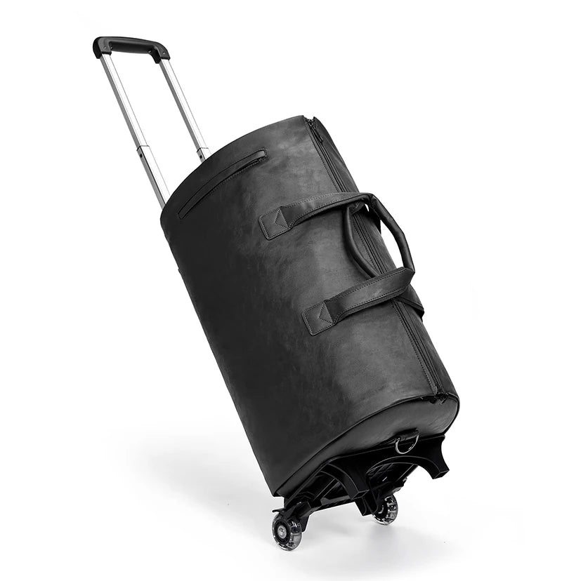 Wholesale Custom logo Rolling Wheeled Garment Trolley Duffle Suitcase PU Leather Men Travel Duffle Bag for Men