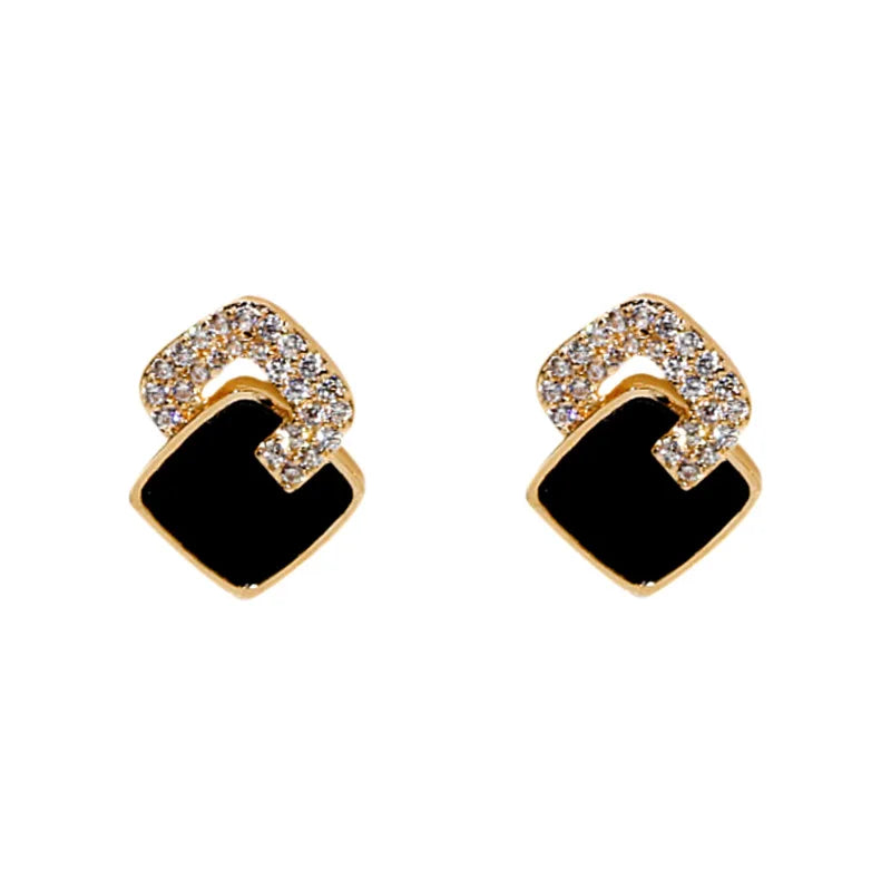 Korean Ins Oil Drip Enamel Geometric Earrings Bling Rhinestone Cross Black Square Earrings for Women