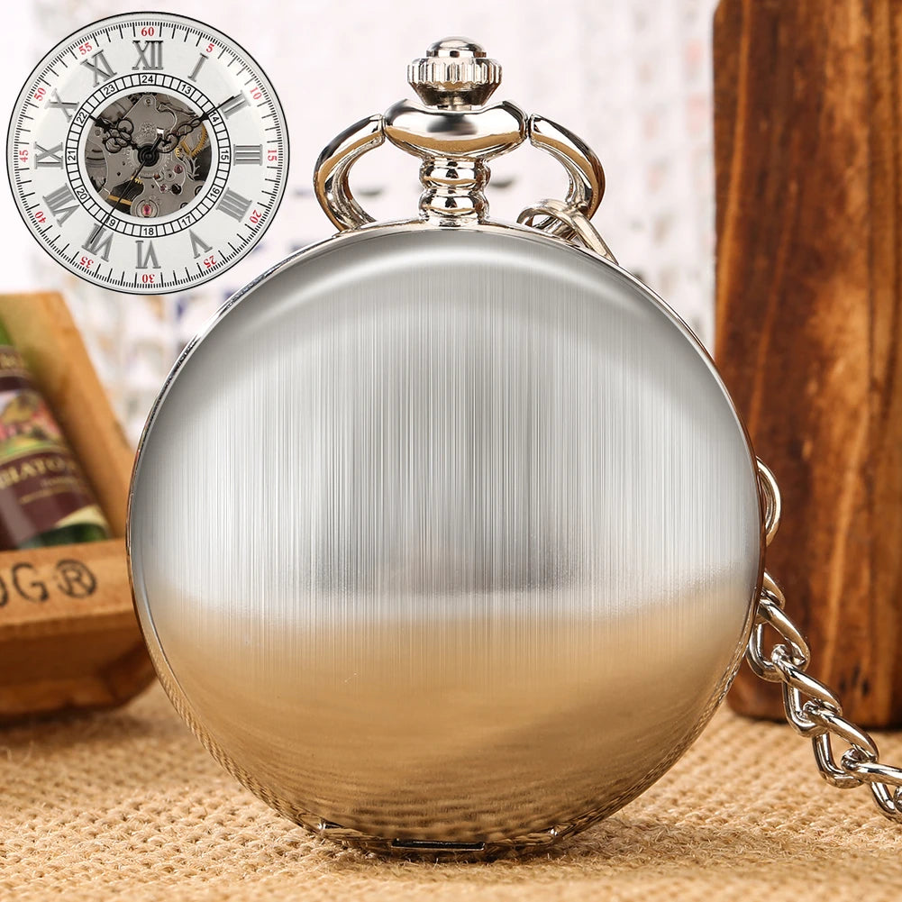 Vintage Silver Skeleton Mechanical Pocket Watch with Brush Finished Empty Case Self Wind Locket Watch for DIY Gift & Collection