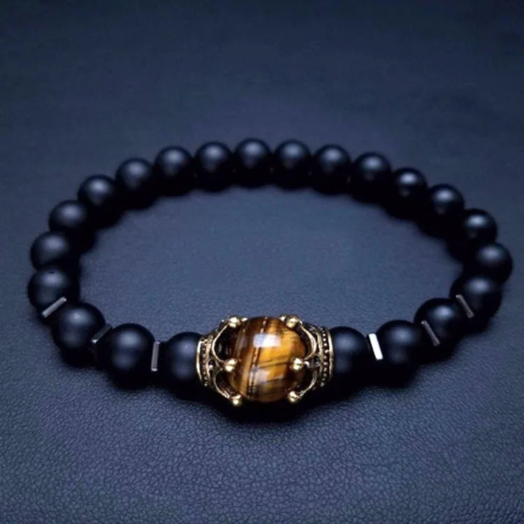 2020 New Arrivals Charm Men's Jewelry Bracelet Crown Matte Tiger Eye Natural Hematite Stone Beaded Bracelet Bangle