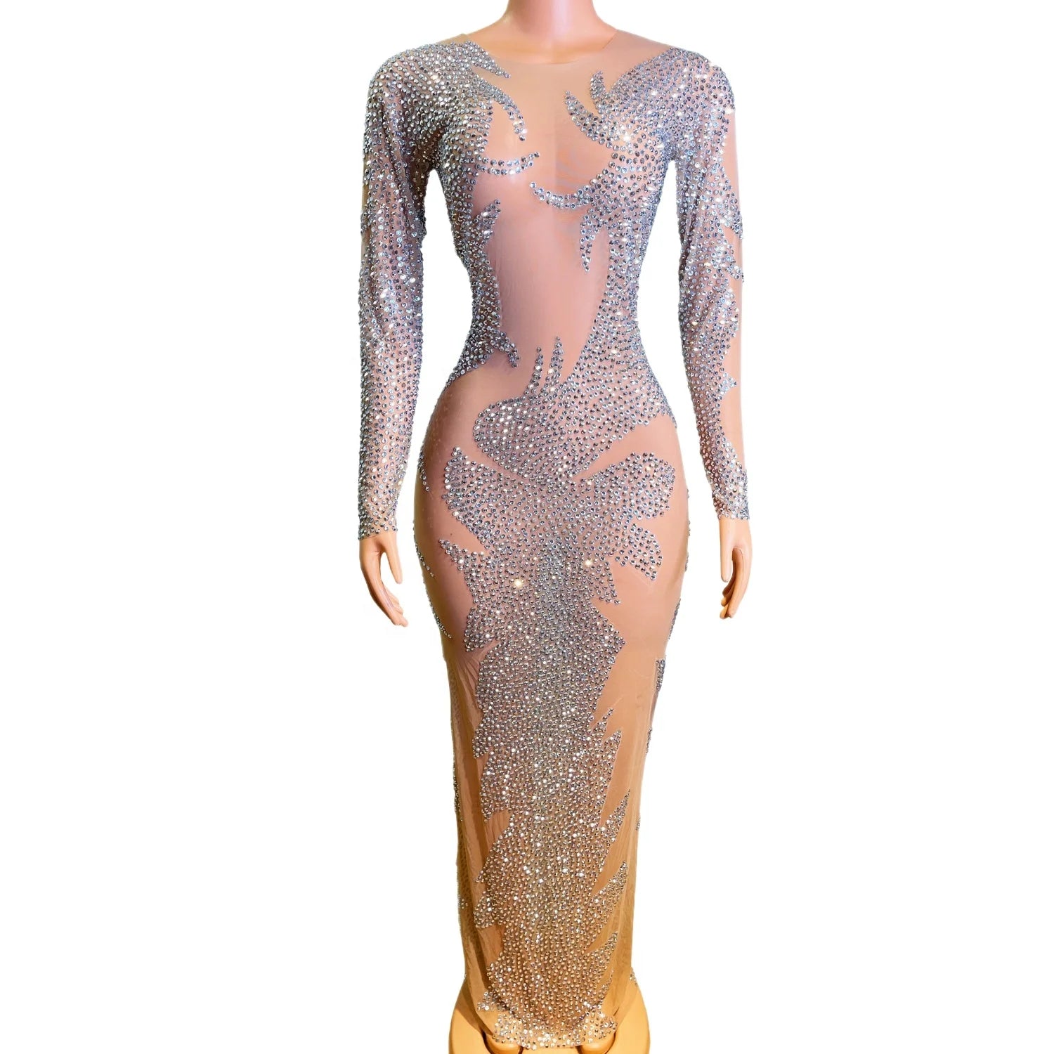 Elegant Boutique Clothing Transparent Rhinestone Ball Gowns Plus Size Slim Birthday Wedding Prom Dress Women Long Evening Dress