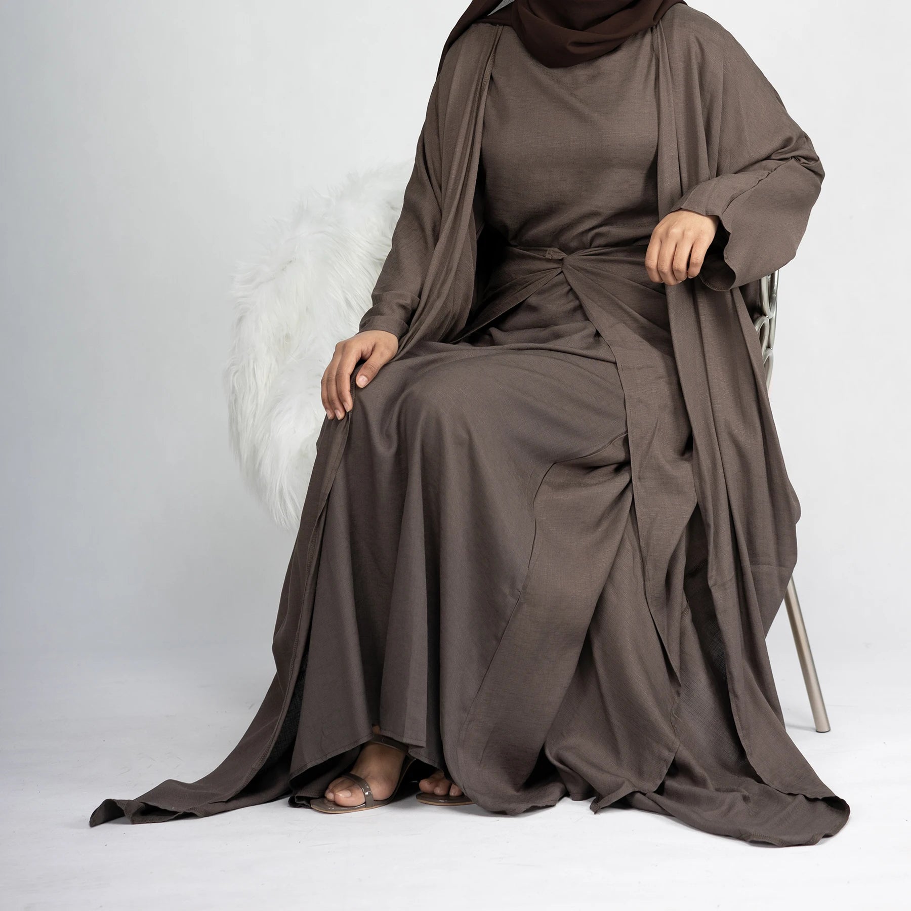 Loriya Wholesale Top Selling Islamic Clothing Linen 3PCS Abaya Set Dubai Modest Abaya Women Muslim Dress Basic Abayas
