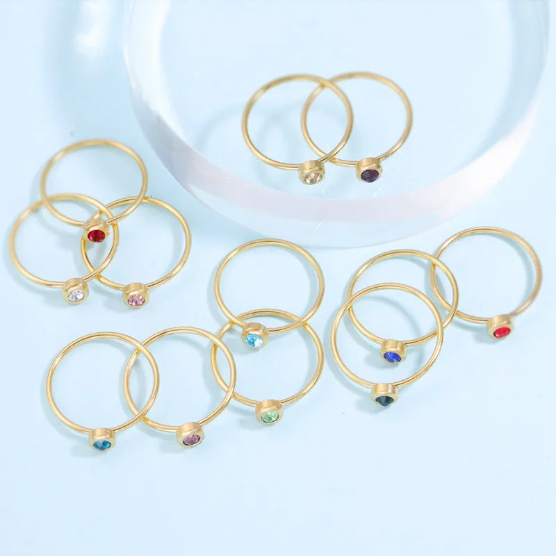 Tiny Birthstone Ring Stainless Steel Multicolor Gemstone Couple Finger Gold Ring Birthday Stacking Ring