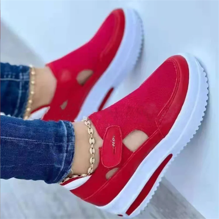 Wholesale Round Head Thick Heel Women's Sandals Hook and Loop Mesh Casual Shoes