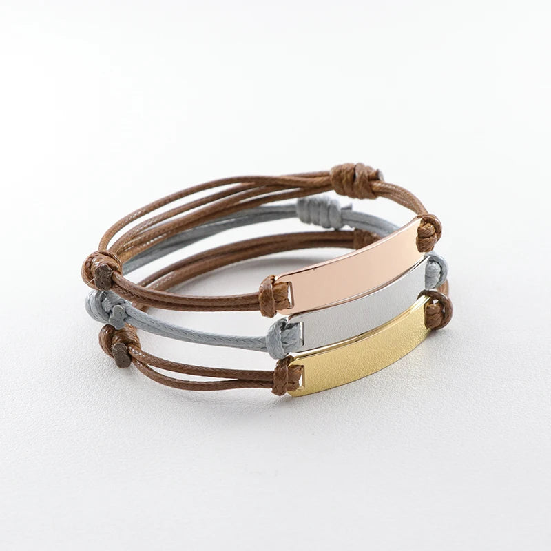 Engravable Blank bar Adjustable Braided Wax Rope Bracelet Unisex Jewelry