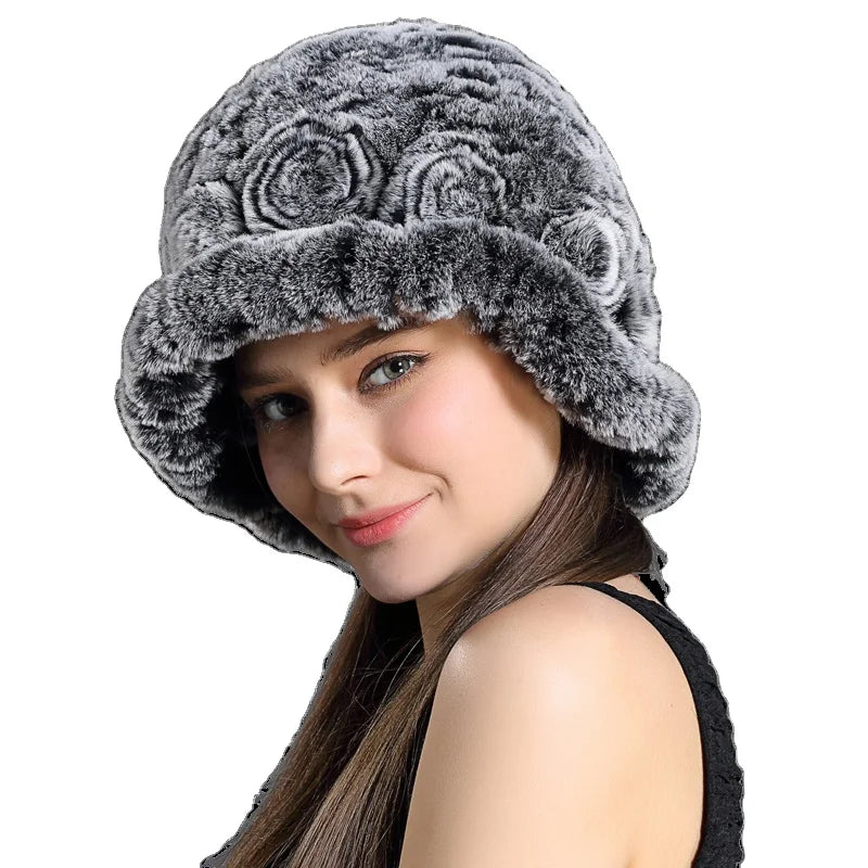 Hand Made Knitted Soft Fur Women Brim Beanies Russian Rex Rabbit Fur Hats for Winter Women Beanies Russian