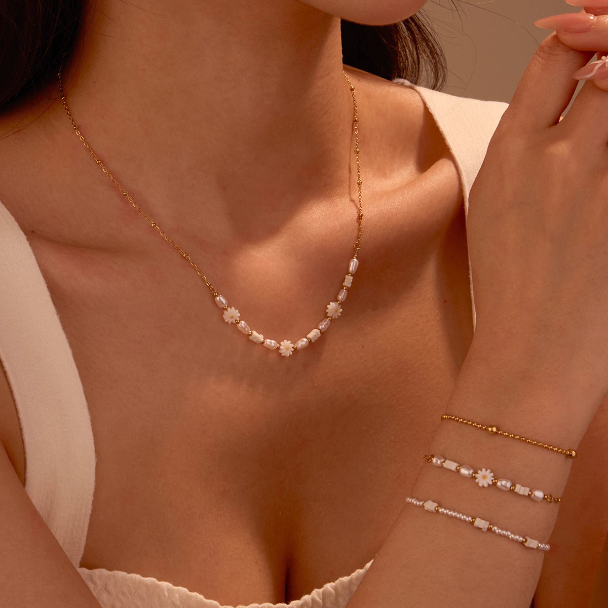 Lovely Pearl Beaded Stainless Steel Stack Chain Bracelet Elegant  Shell  Flower Necklace Fine Jewelry Set for Girl Gifts
