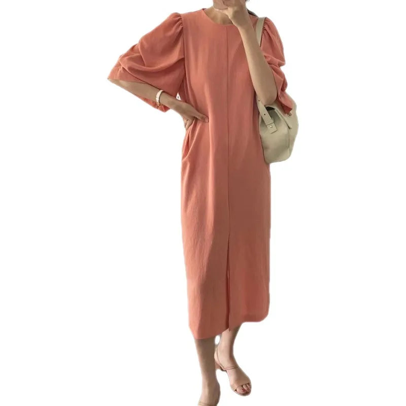 2025 New Cotton Linen Ladies Casual Dress Hot Selling French Elegant Bubble Sleeve O-neck Solid Color Eco-friendly Natural