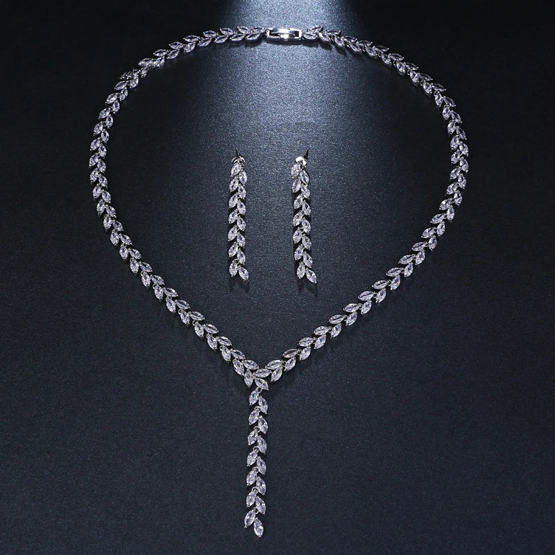 2022 New Romantic Bridal Jewelry Crystal Wedding Jewelry Set Elegant Willow Zircon Necklace Earrings Set for Women Girls