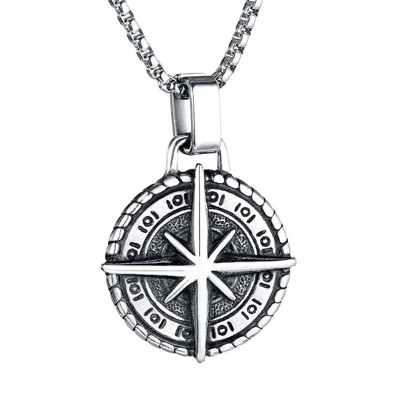 Wholesale Dropshipping Fashion Jewelry Designer Retro Punk Stainless Steel Gold Plated Compass Pendant Necklace for Mens