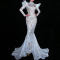 Elegant White Long Sleeve Print Feathers Rhinestone Ball Gowns Prom Trumpet Dress Birthday Women Wedding Mermaid Evening Dresses