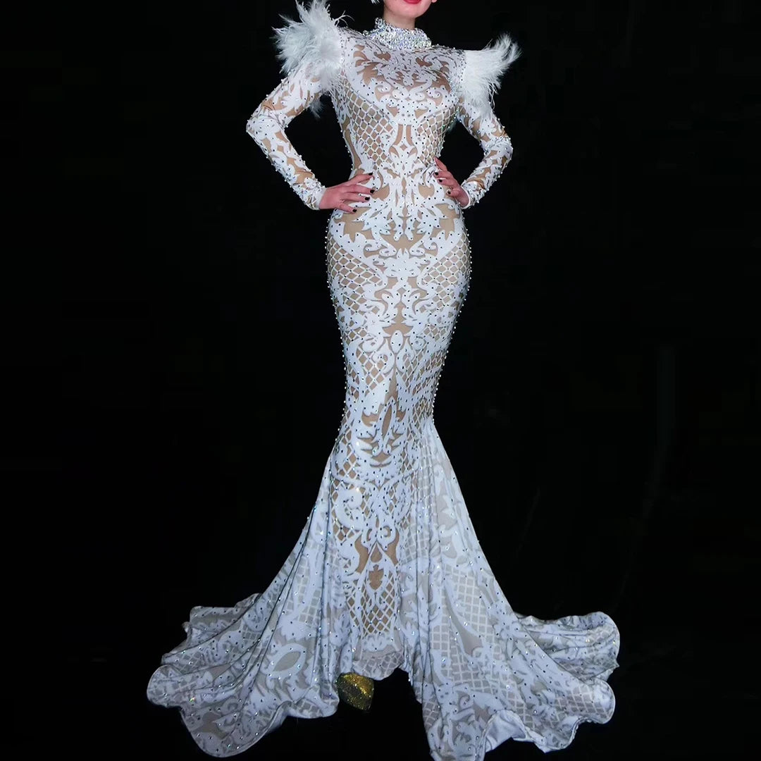 Elegant White Long Sleeve Print Feathers Rhinestone Ball Gowns Prom Trumpet Dress Birthday Women Wedding Mermaid Evening Dresses