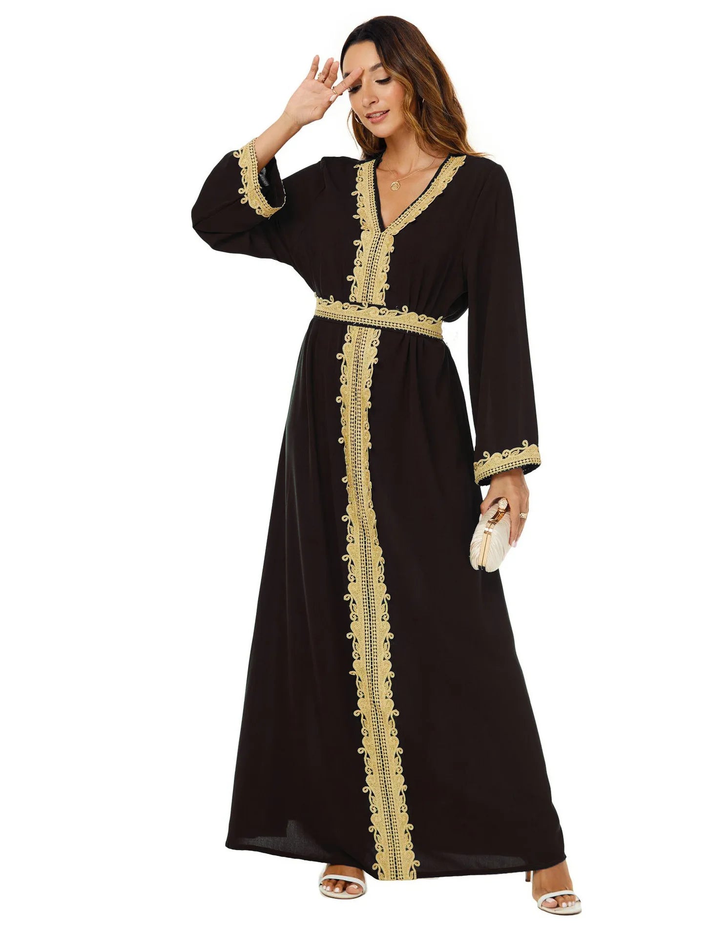 S-XL Muslim Women's Clothing Pure Color Splicing Basic Loose Embroidered Long Skirt Long Sleeve Dress