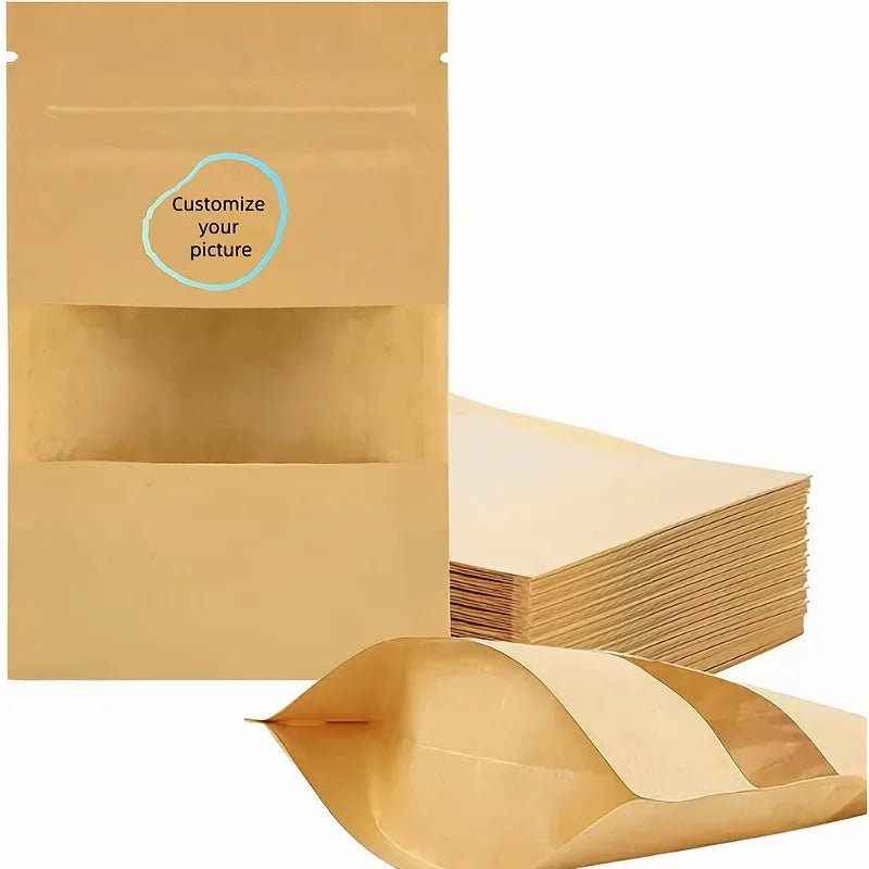 Factory Wholesale Food Packaging Brown Kraft Bag Lock Tea Snack Stand up Zip Paper Pouch with Clear Window