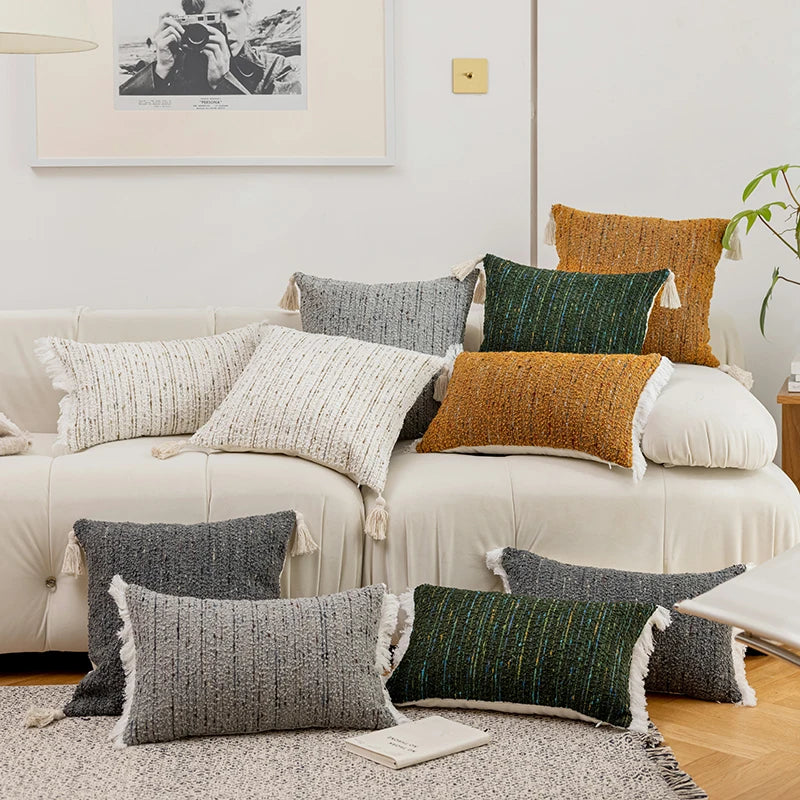 Innermor New Design Striped Polyester Fringe Cushion Cover Modern Abstract Square Luxury Sofa Waist Throw Home Hotel Office