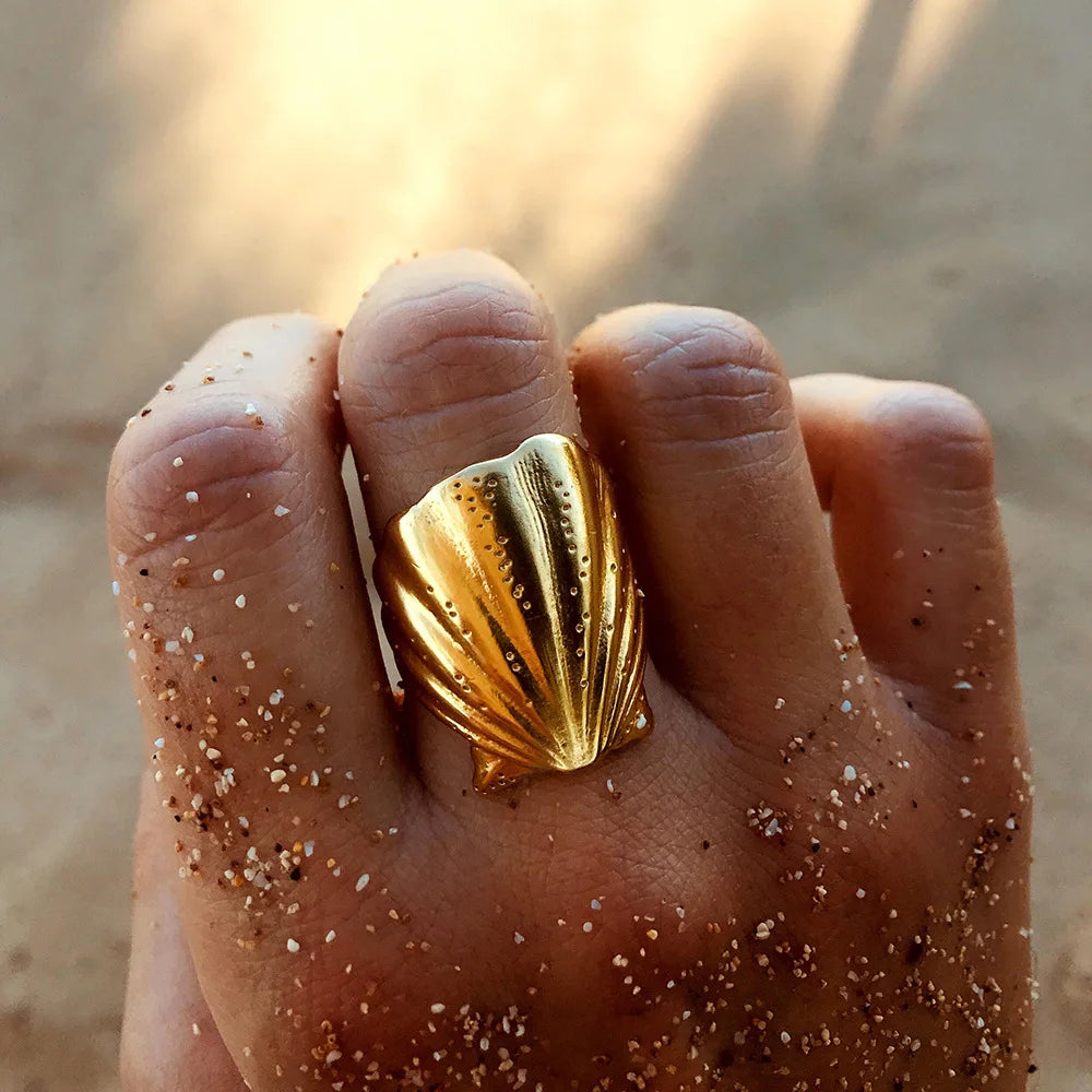New Jewelry Waterproof 18K PVD Gold Plated Seashell Ring Shape Ocean Series Stainless Steel Shell Opening Rings