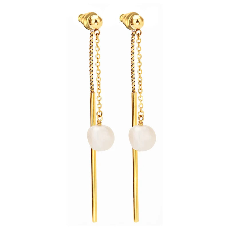 Simple Natural Pearls Drop Earrings with Chain Tassel Stainless Steel Gold Color Fashionable Jewelry Women Necklaces Included