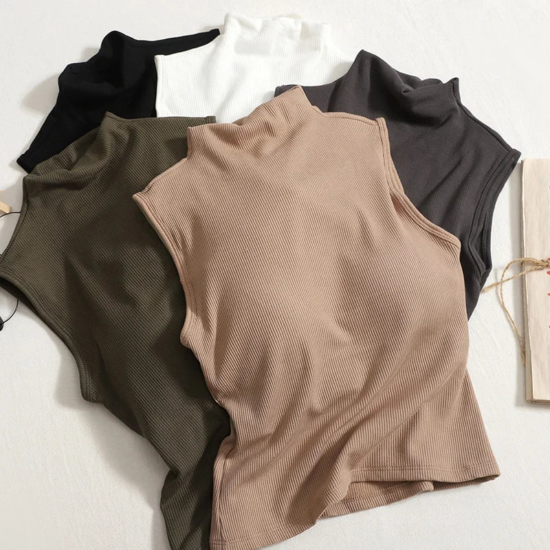 Autumn Women Mock Neck Tank Tops With Bra Pad Casual Crop Tops Screw Thread Sleeveless Camisole for Women Winter