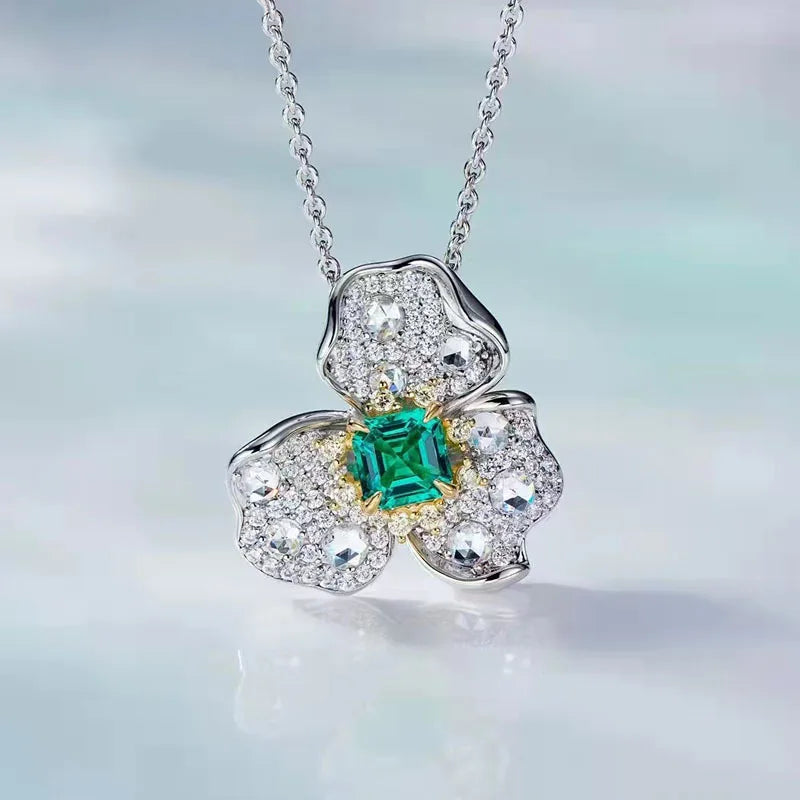 Aimgal NGTC Certified 1.2ct Leb Emerald & 8A Lab High-Carbon Diamond Luxury Pendant Necklace 18K Gold-Plated S925 Silver