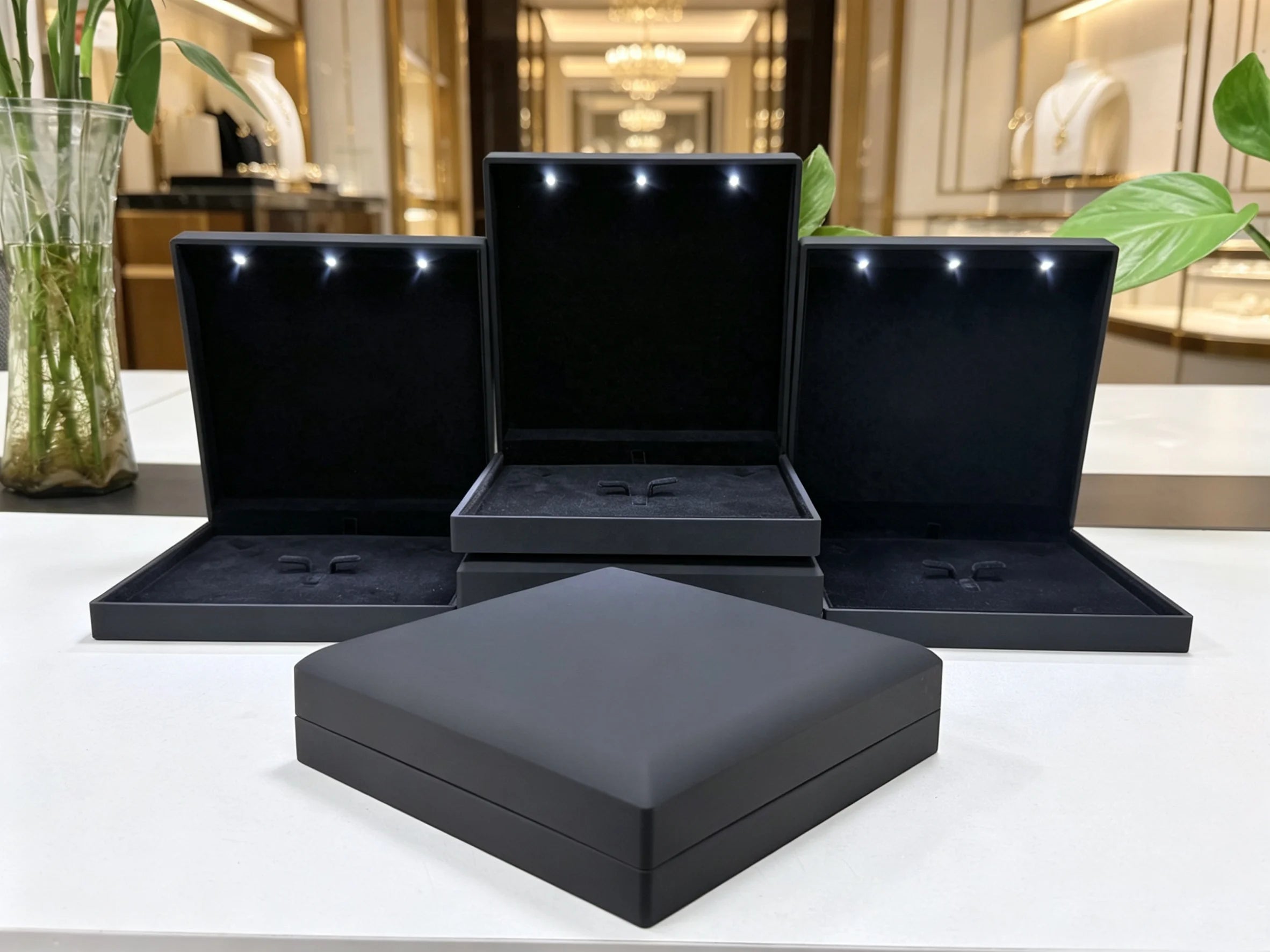 Stock Luxury Black LED Jewelry Box LED Big Necklace Box LED Jewelry Set Box
