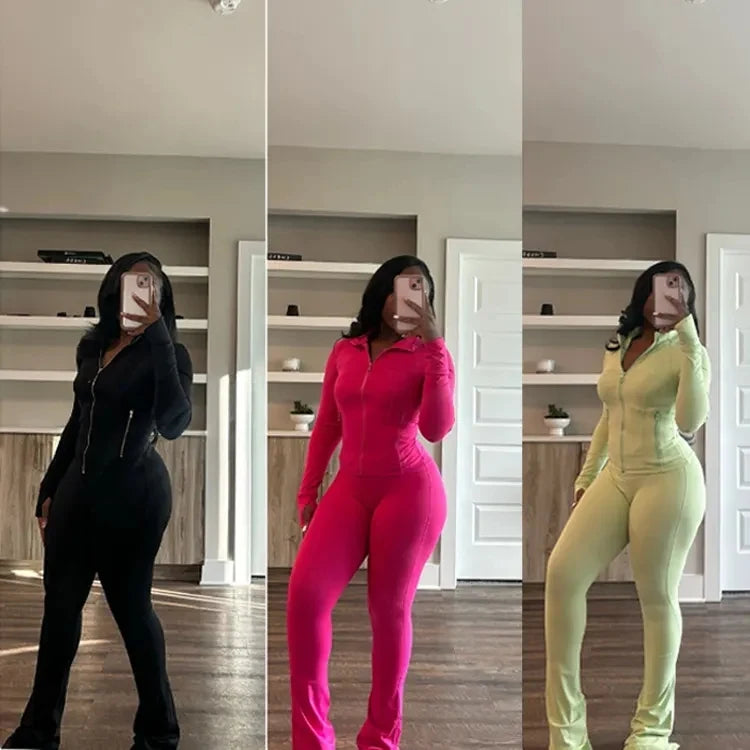 Activewear Set Manufacture Custom Workout Fitness 2 Piece Leggings Set Yoga Jacket and Flare Pants Set Women Tracksuit