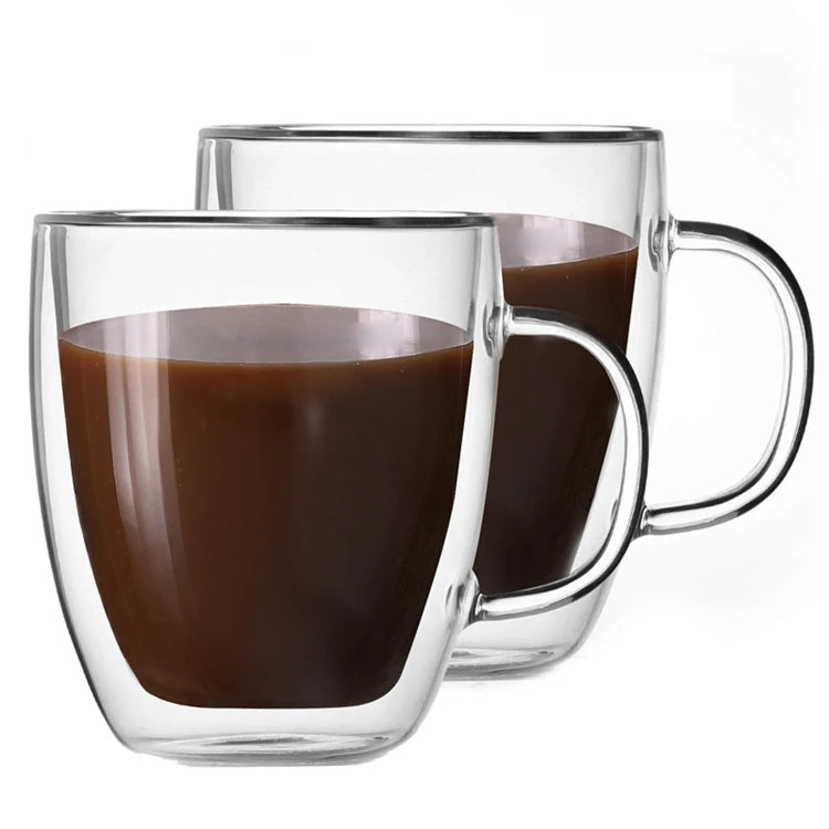 8oz 12oz 15oz Insulated Layer Clear Borosilicate Double Walled BPA Free Glass Travel Coffee Cups Handle for Cappuccino Tea Latte