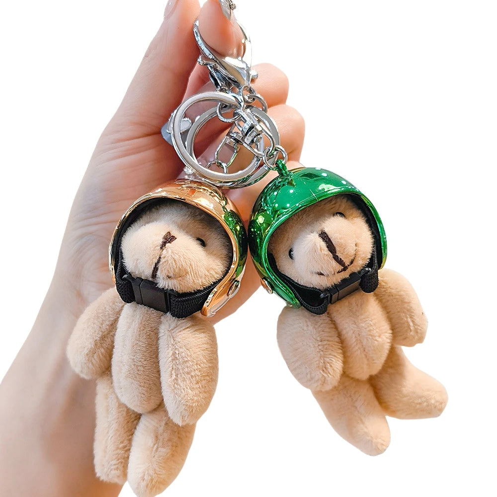 Lovely Charm Helmeted Bear Keychain Y2K Stuffed Plush Dolls Pendant Car Keyring Bag Backpack Decor Jewelry Gifts Bear Key Chains