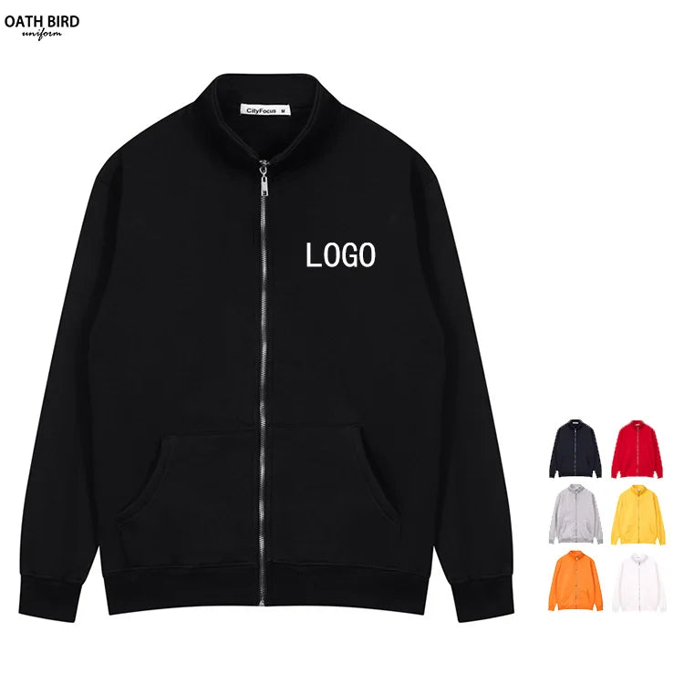 Wholesale Custom Logo Printed Stand Collar Full Zipper Plain Blank Jacket Solid Sportswear Brushed Terry Zip-up Jacket for Men