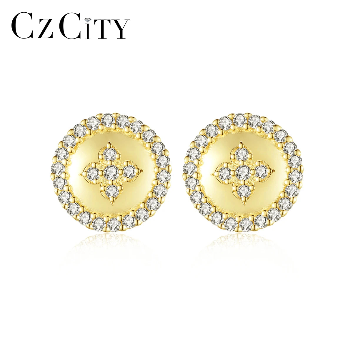 CZCITY Factory New Design 14K Gold Plated Round Earrings Pave Clear Cubic Zircon Studs S925 Sterling Silver Jewelry for Girl