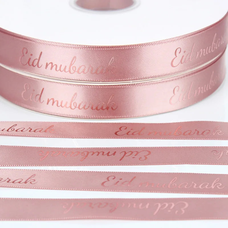 Custom Foil Gold Single/Double Faced Satin Ribbon Printed With Logo Gift Packing Wrap Eid Ramadan Mubarak Ribbon
