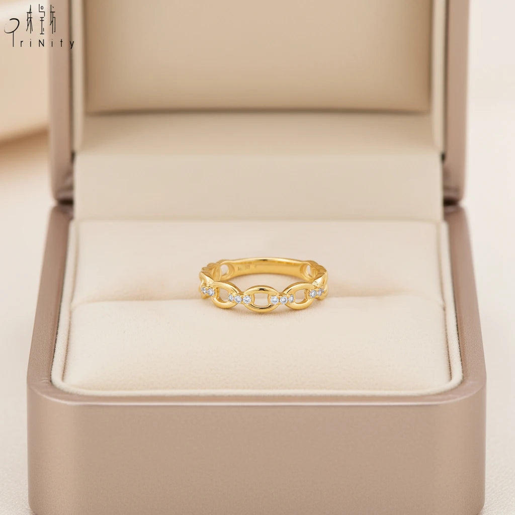Popular Wholesale Minimalist Link Chain Ring Hand Crafted Jewelry 18K Solid Gold Natural Diamonds Everyday Wear Stackable Ring