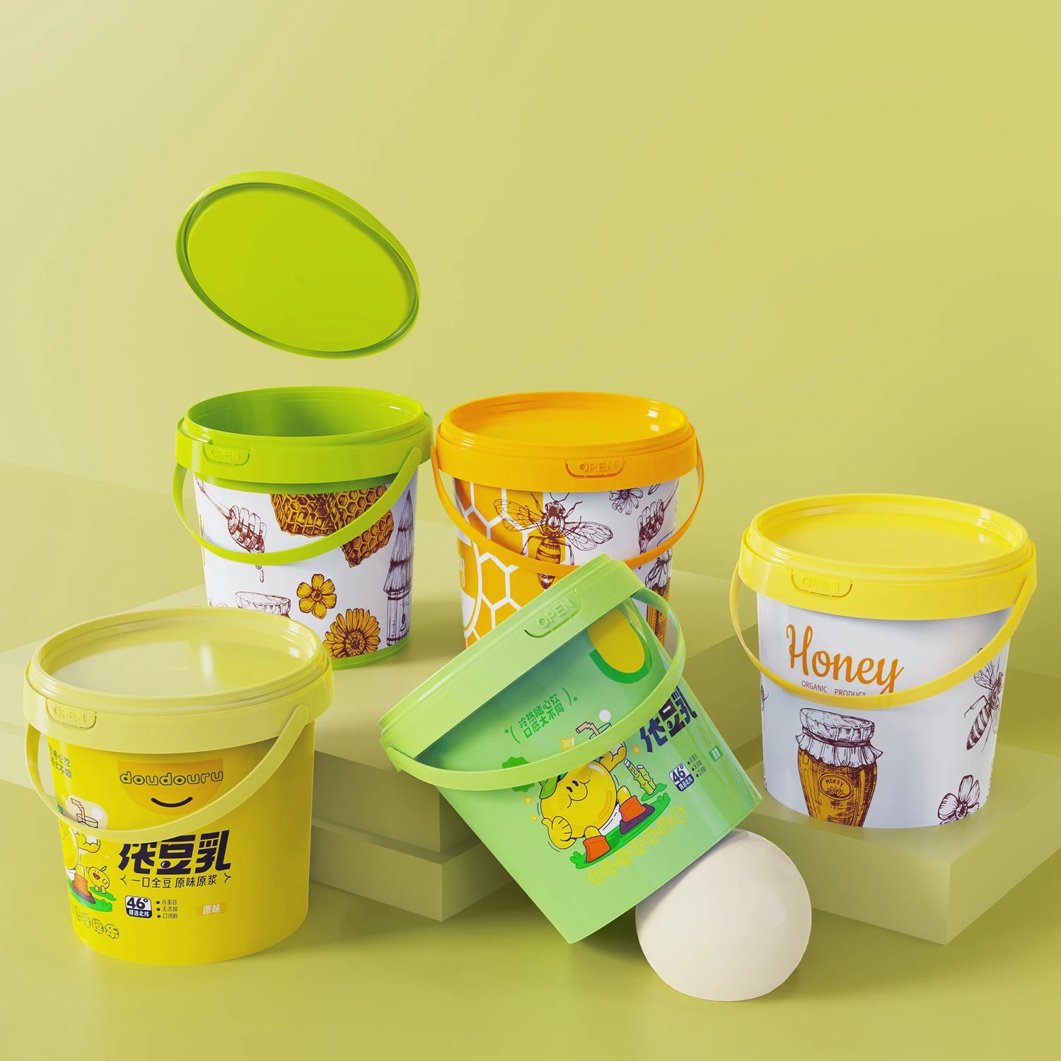 Wholesale Custom Small Printing Airtight Plastic Drink Bucket with Lid Food Grade Recyclable for Honey Candy Beverages