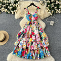 LW0776 Holiday Style Print Ruffled Halter Dress Women'S 2025 Spring French Waist Slimming Halter Dress