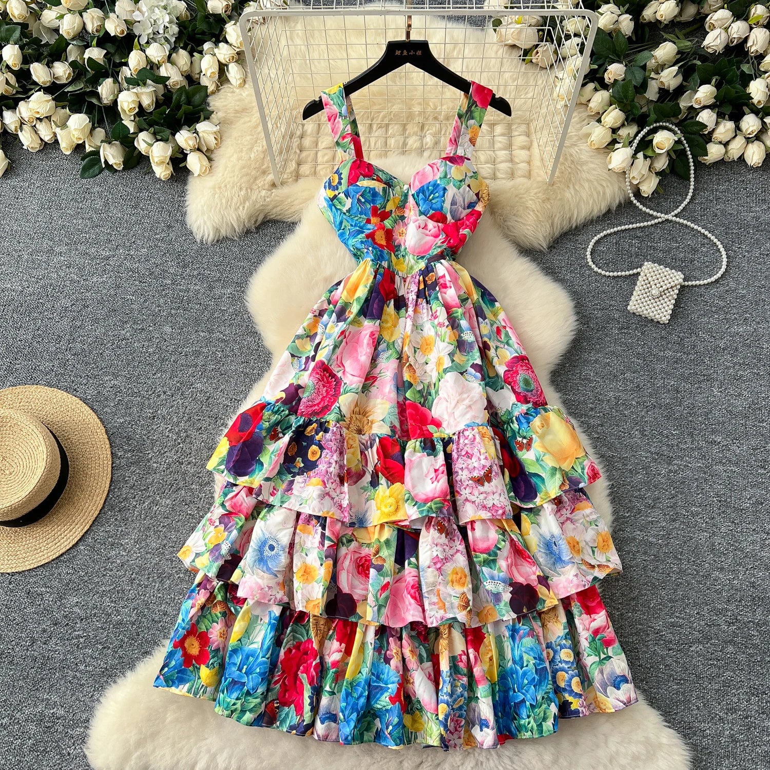 LW0776 Holiday Style Print Ruffled Halter Dress Women'S 2025 Spring French Waist Slimming Halter Dress