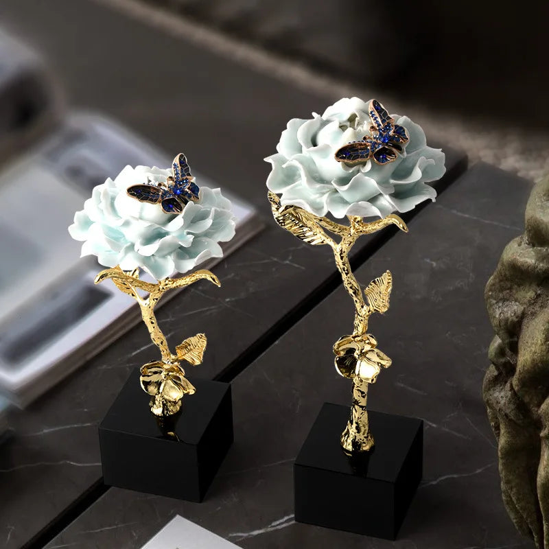 Creative Golden Metal Flower Branches Butterfly Desktop Decoration Art Crafts Light Luxury Blue Ceramic Rose Ornament Home Decor