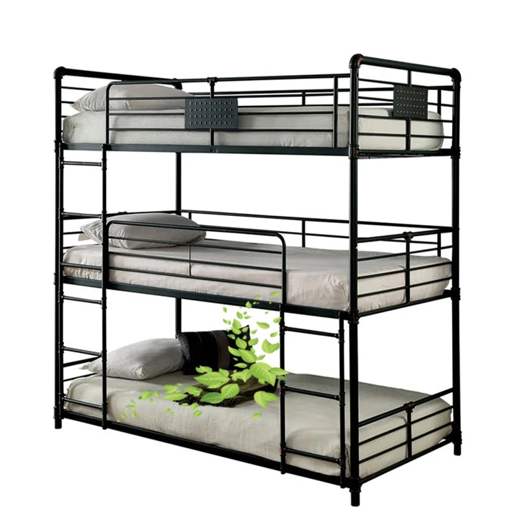 Triple Metal Bunk Bed With Full-Length Guardrails Heavy Duty Steel Frame