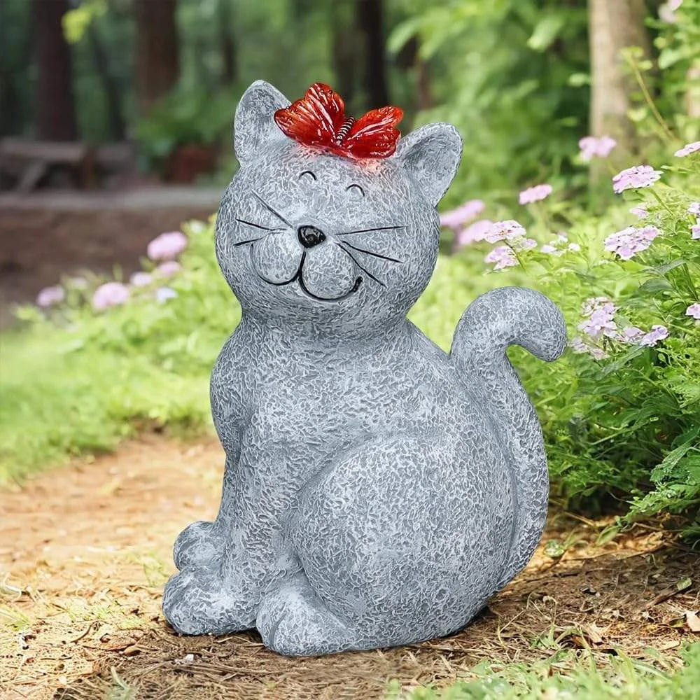 Gray Cat Solar Light Resin Crafts Christmas Garden Ornaments Butterfly Detail Auto On/Off Function Hand-painted Fashion Outdoor