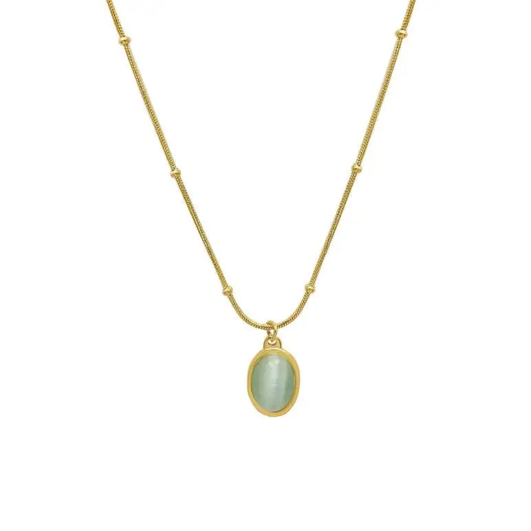Vintage Cat Eye Necklace with Genuine Gemstone Stainless Steel Real Natural Stone Classic Style Oval Shaped Link Chain