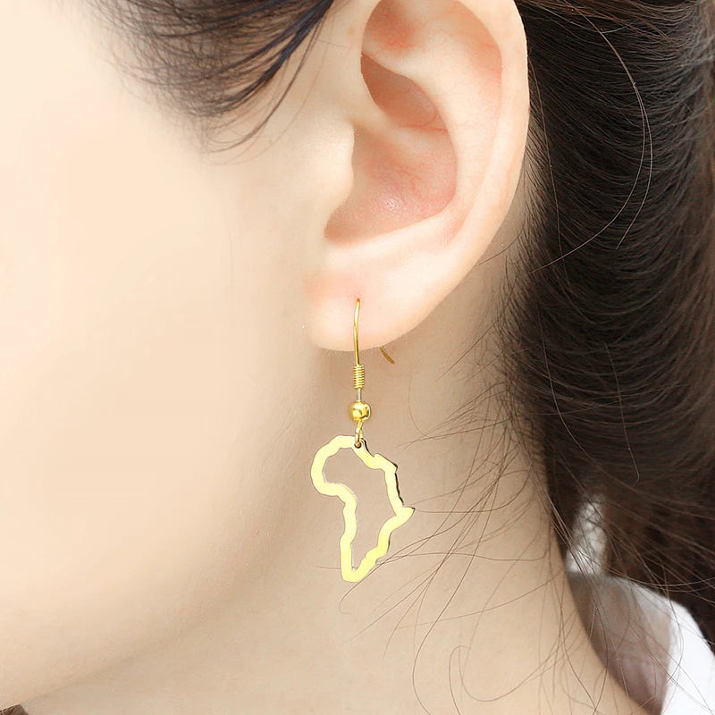 Hypoallergenic Gold Africa Map Earrings for Women Waterproof Fashion Stainless Steel African Map Dangle Hook Earrings Wholesale