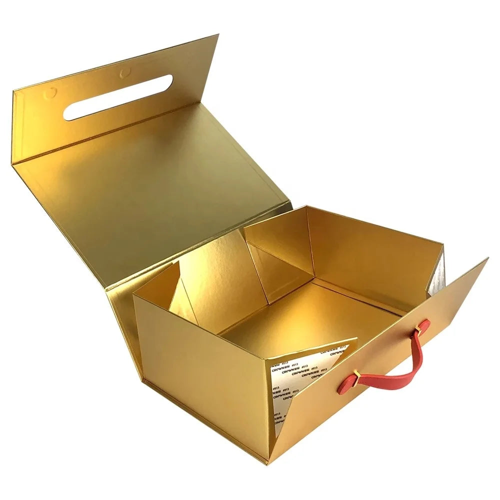 Recyclable Luxury Magnetic Boxes Red Gold Elegant Gift Paper Packaging Box With Leather Handle