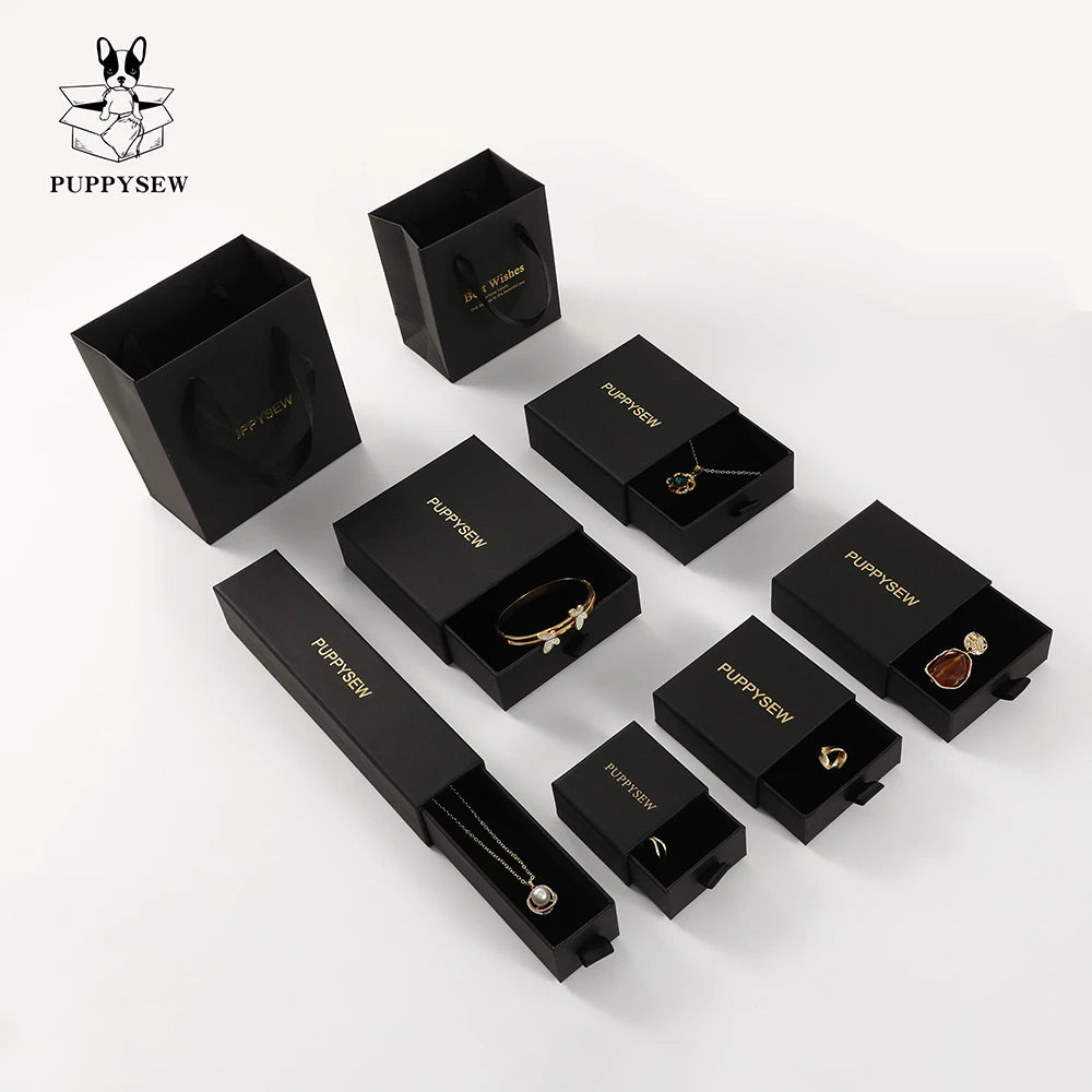 PUPPYSEW Custom logo 9*9cm Sliding Jewelry Box Jewelry Drawer Box with Insert Paper Cardboard Ring Earring Necklace Packing Box