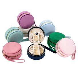 Custom Logo Portable Zipper Ring Necklace Organizer Velvet Storage Case Small Round Travel PU Leather Mirrored Jewelry Box